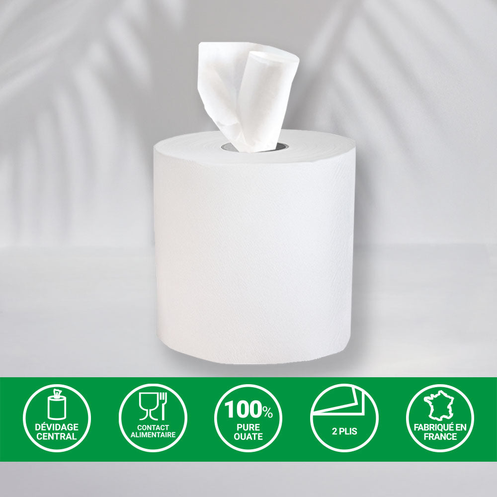 Bobines dévidage central - 19x30 cm - 2 plis - 450 Formats - Pure ouate - colis de 6 rouleaux