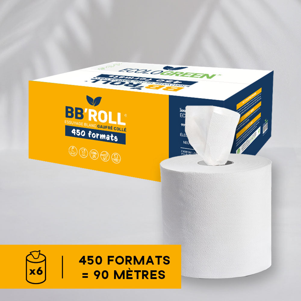 Bobines dévidage central 2 plis - Gaufré Collé - 450 Formats = 90 mètres - Pure ouate - colis de 6 rouleaux