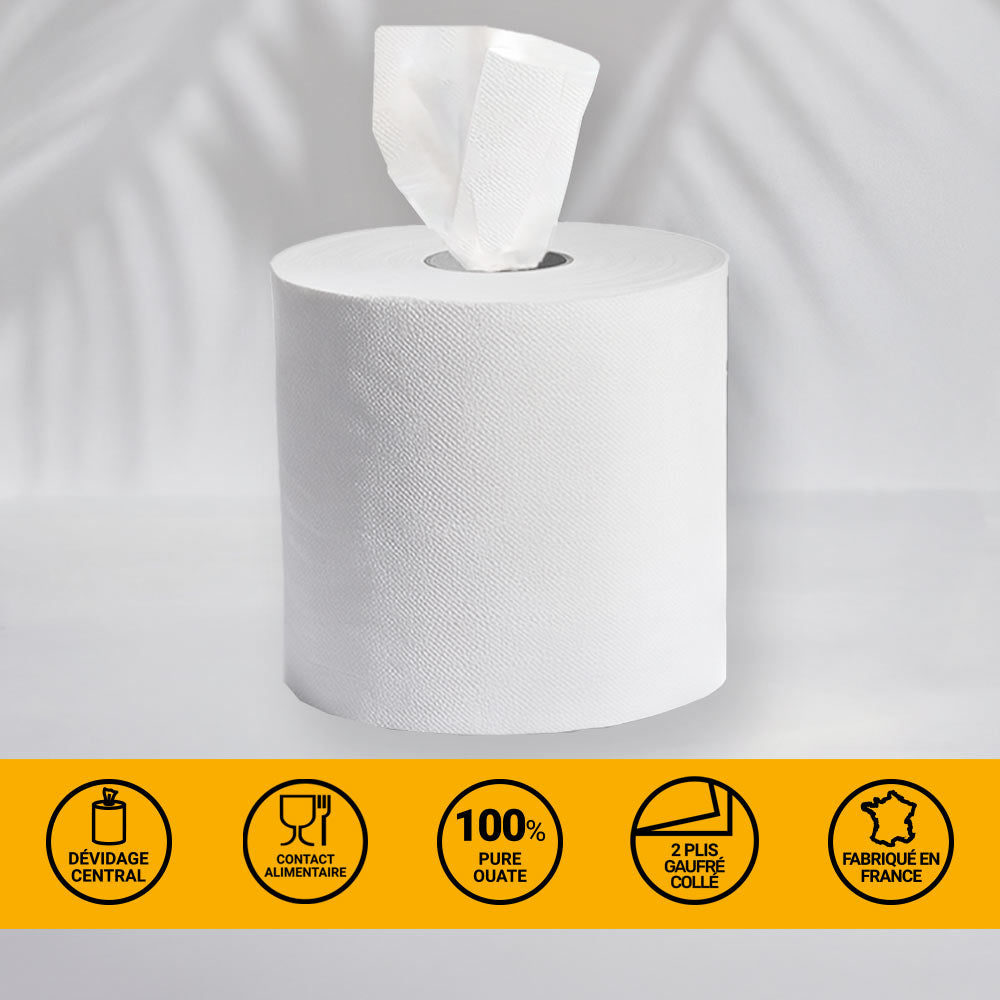Bobines dévidage central 2 plis - Gaufré Collé - 450 Formats = 90 mètres - Pure ouate - colis de 6 rouleaux