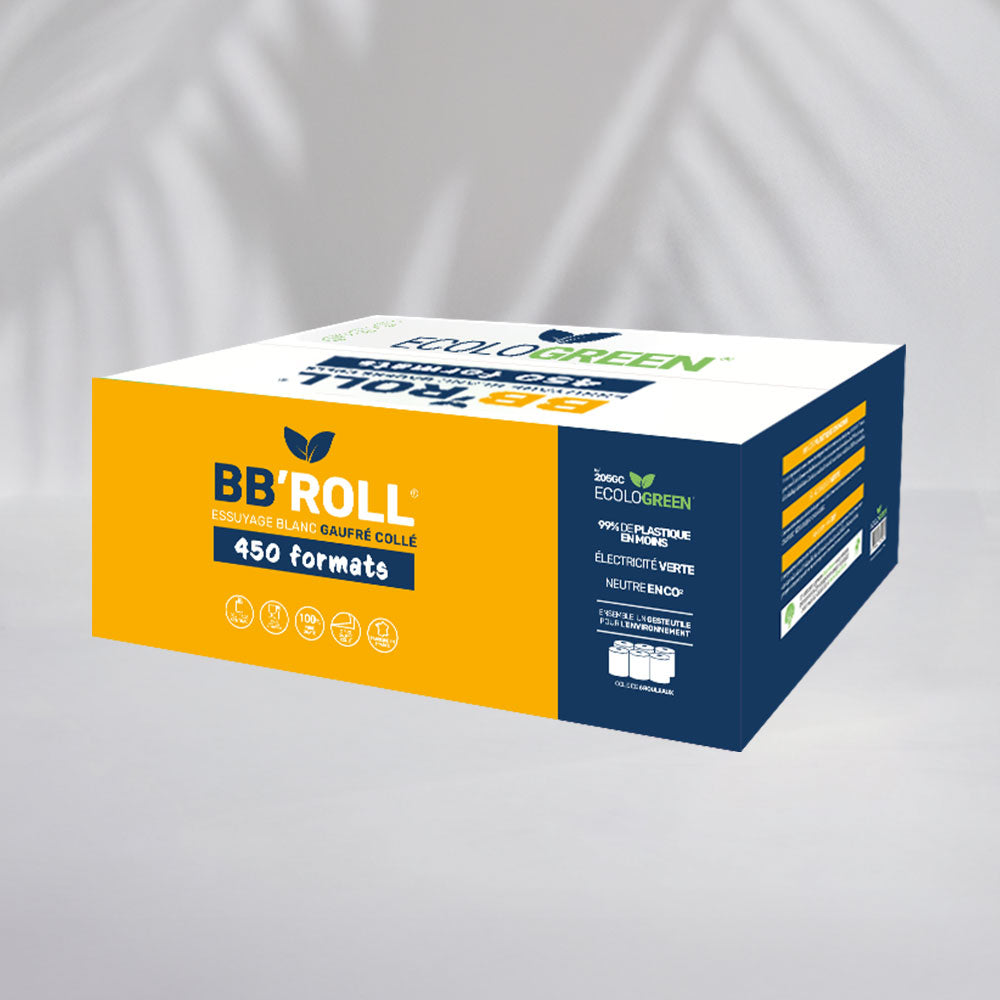 Bobines dévidage central 2 plis - Gaufré Collé - 450 Formats = 90 mètres - Pure ouate - colis de 6 rouleaux