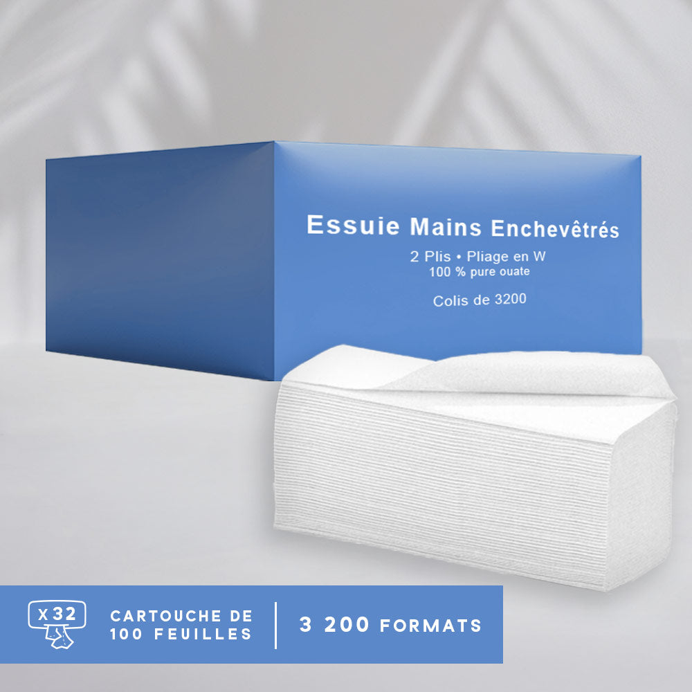 Essuie mains - Pliage en W enchevêtrés - Pure ouate - colis de 3200 formats