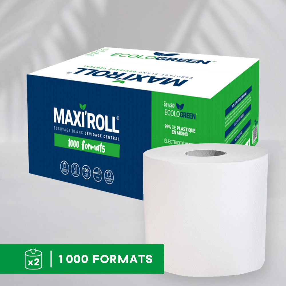 Bobines d'essuyage blanche 2 plis - 1000 Formats - Pure ouate - colis de 2 rouleaux