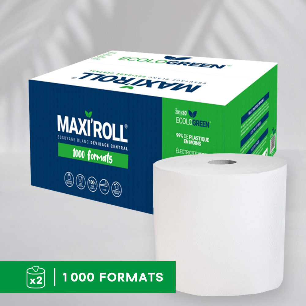 Bobines d'essuyage blanche 2 plis - 1000 Formats - Pure ouate - colis de 2 rouleaux