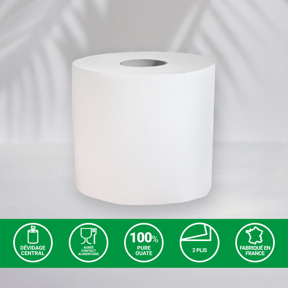 Bobines d'essuyage blanche 2 plis - 1000 Formats - Pure ouate - colis de 2 rouleaux