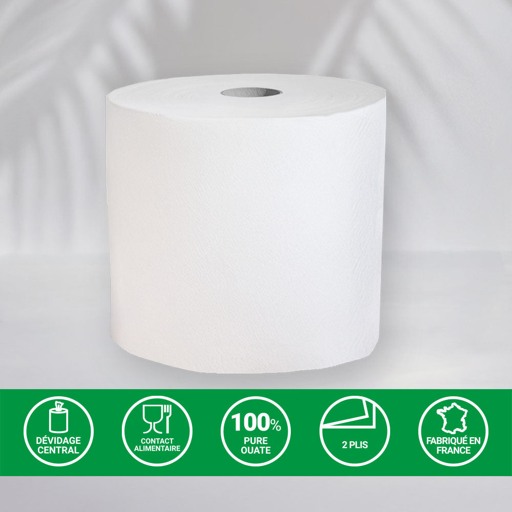 Bobines d'essuyage blanche 2 plis - 1000 Formats - Pure ouate - colis de 2 rouleaux