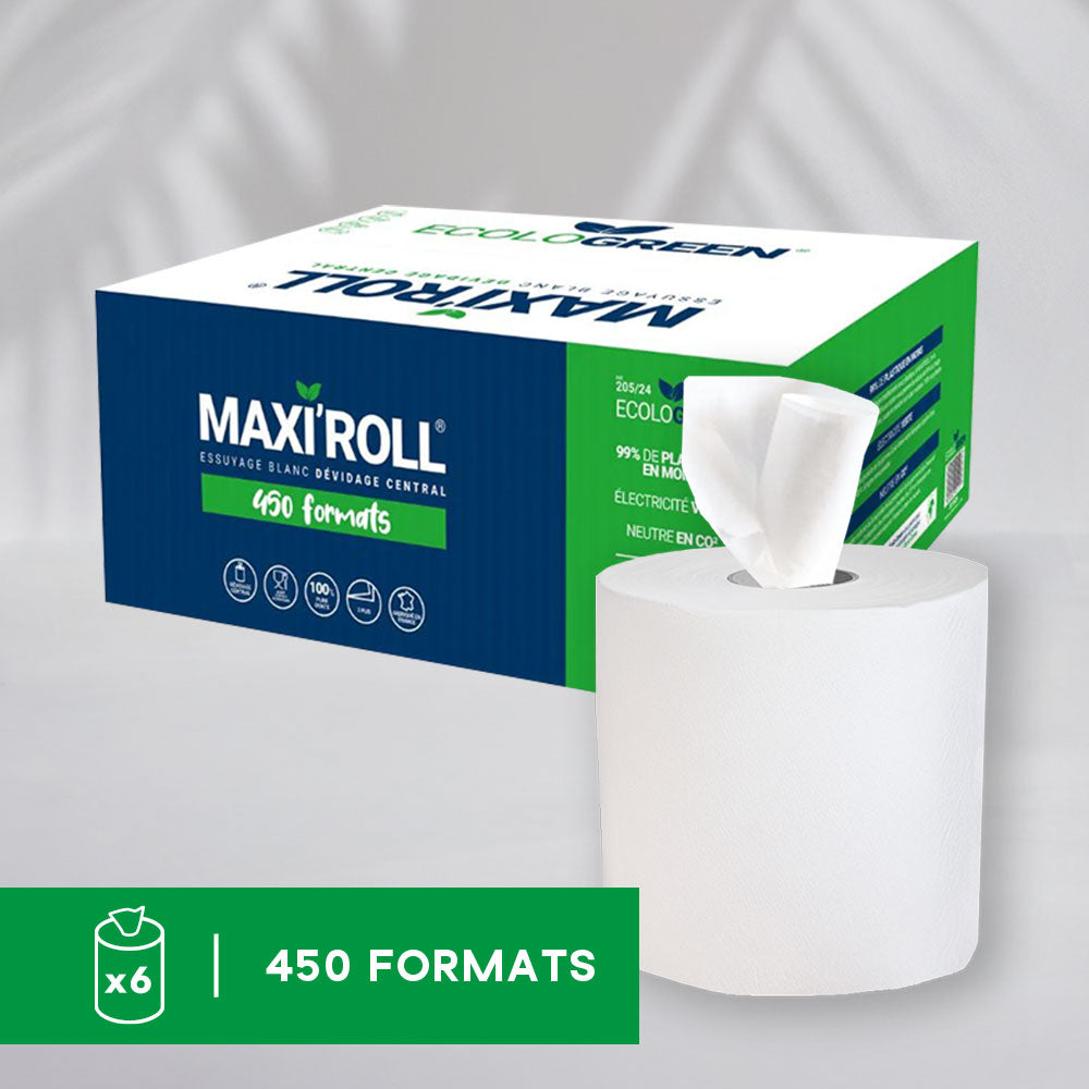 Bobines dévidage central - 19x24 cm - 2 plis - 450 Formats - Pure ouate - colis de 6 rouleaux