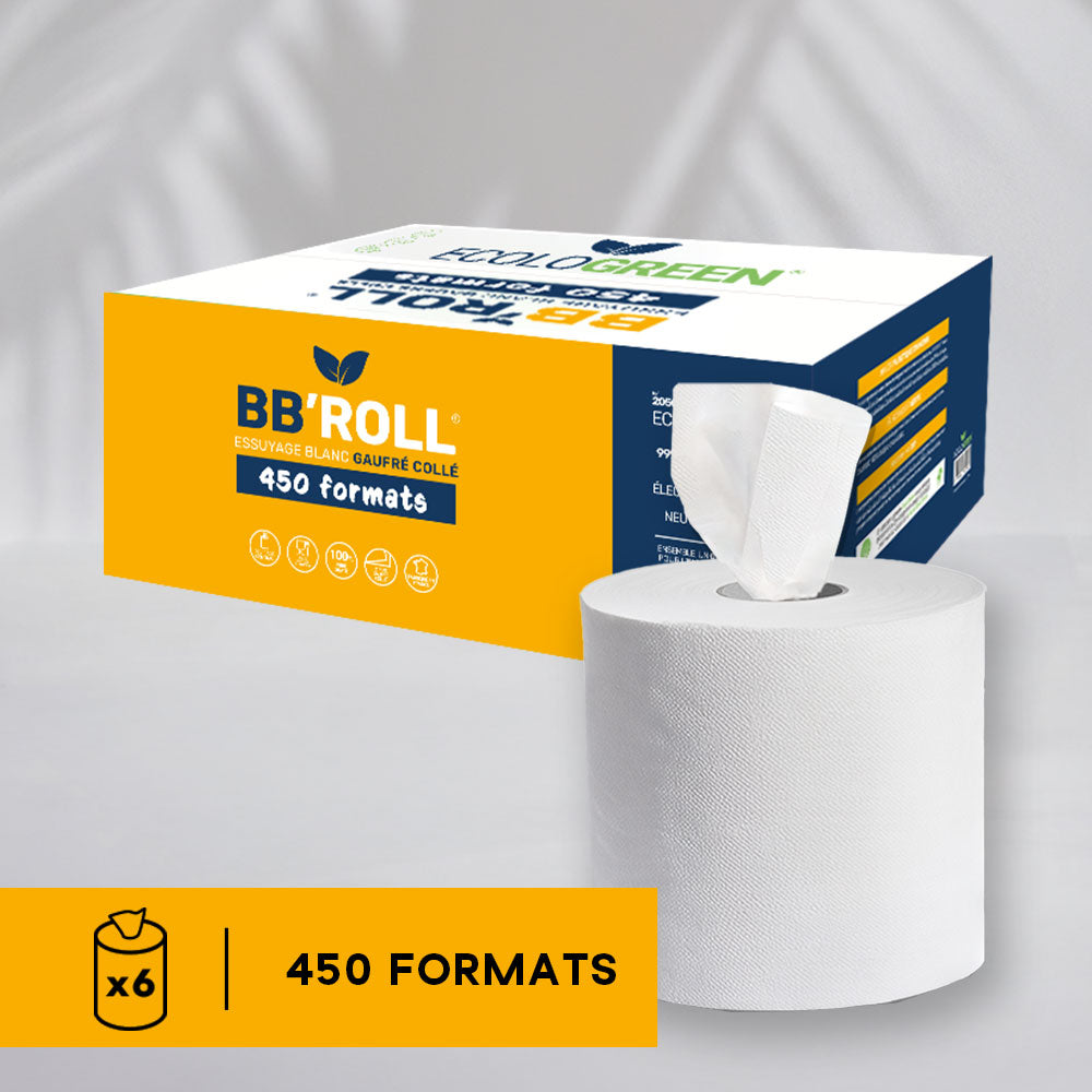 Bobines dévidage central 2 plis - Gaufré Collé - 450 Formats - Pure ouate - colis de 6 rouleaux