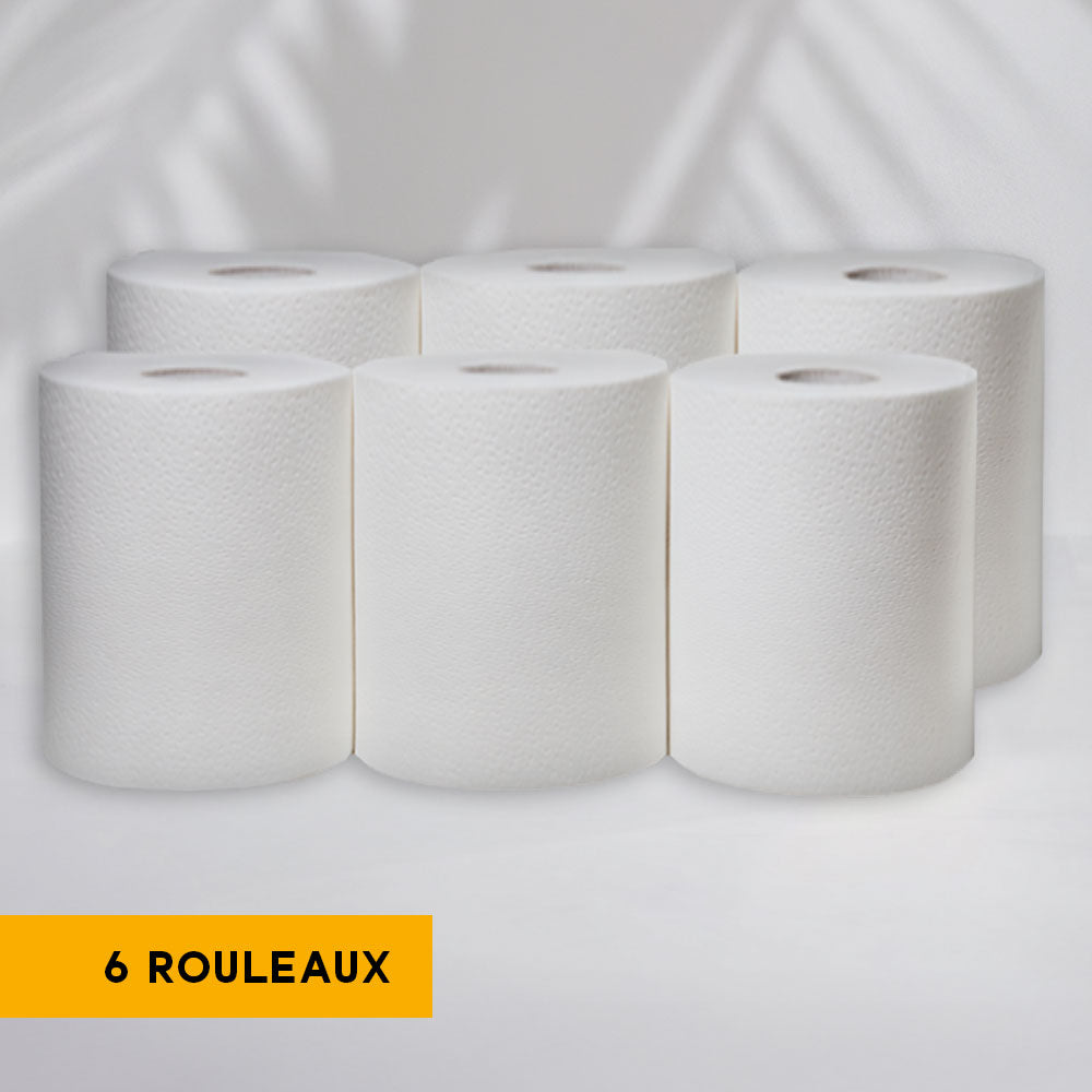 Bobines dévidage central 2 plis - Gaufré Collé - 450 Formats = 90 mètres - Pure ouate - colis de 6 rouleaux