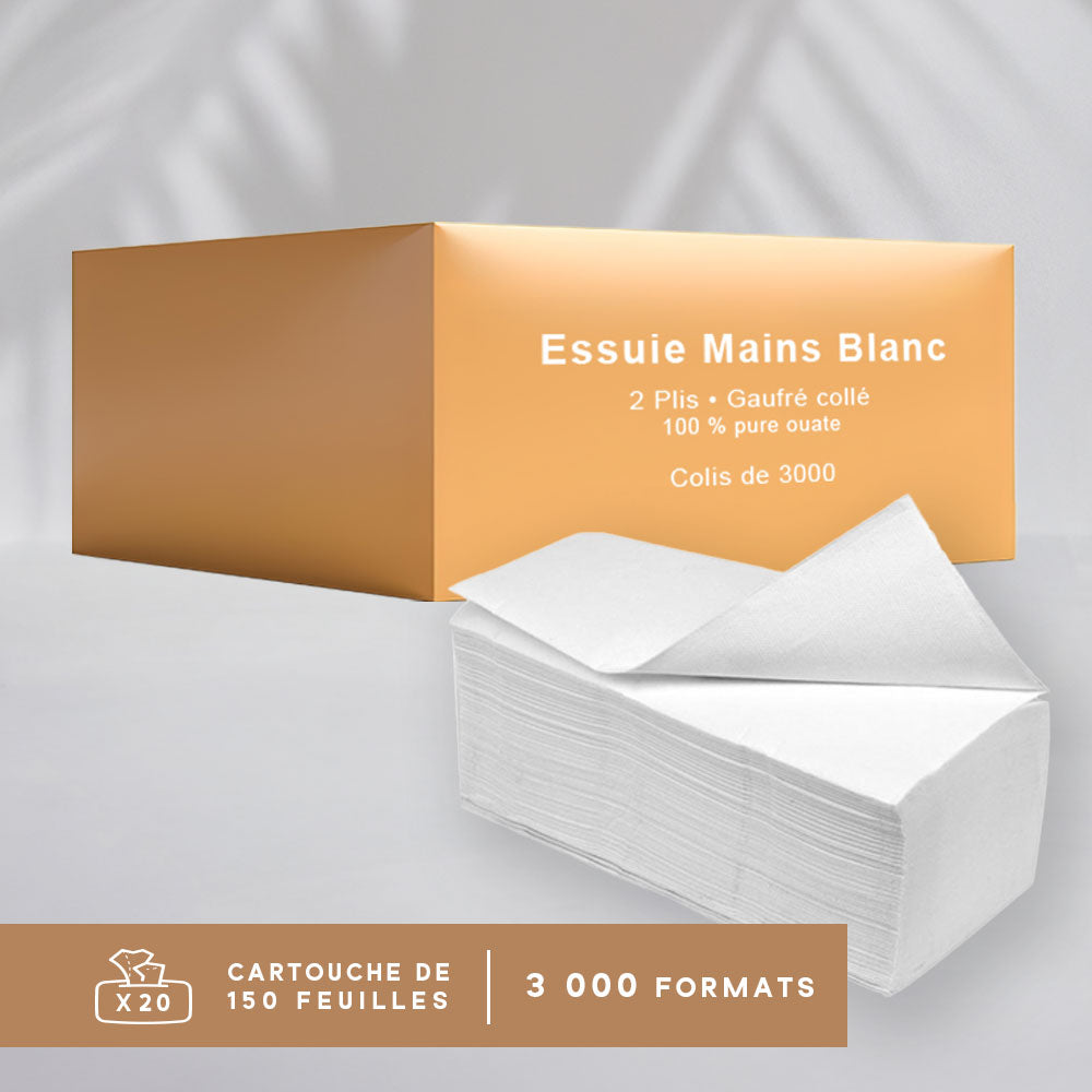 Essuie mains gaufré collé - Pliage en V enchevêtrés - Pure ouate - colis de 3000 formats