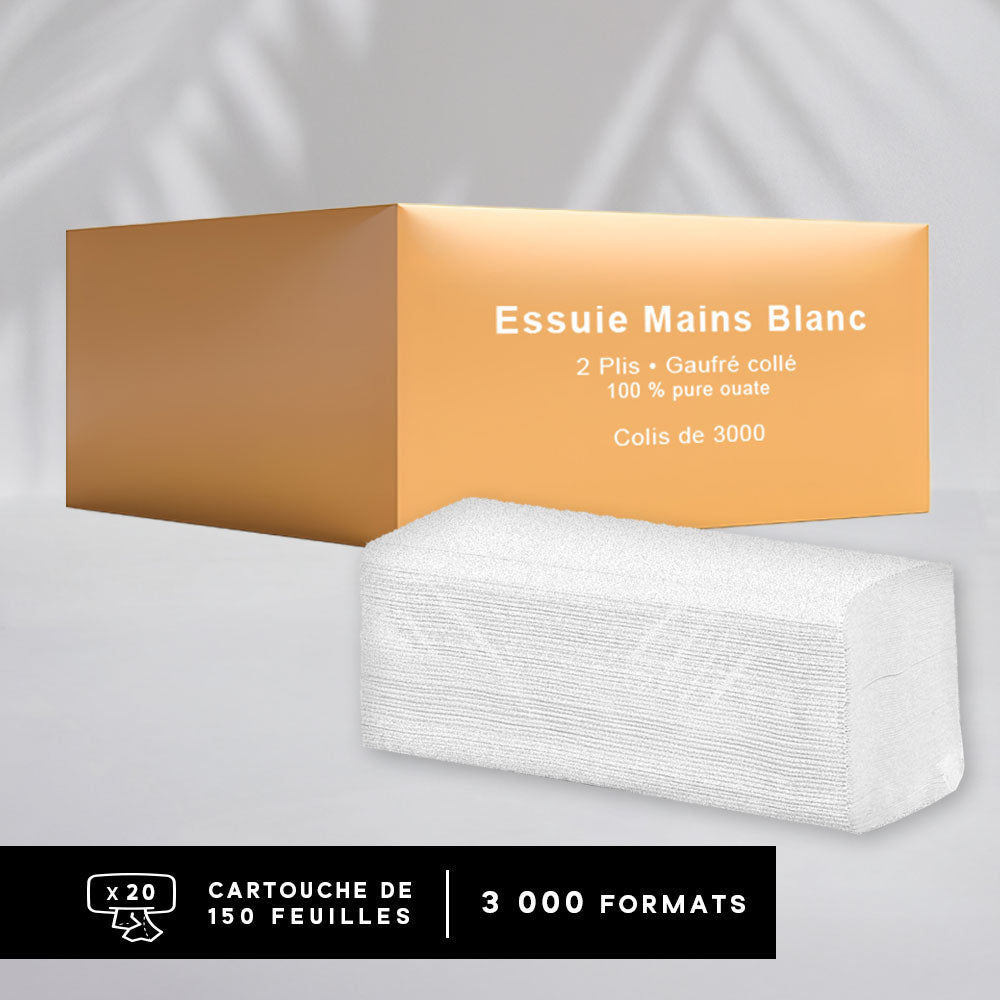 Essuie mains gaufré collé - Pliage en V enchevêtrés - Pure ouate - colis de 3000 formats